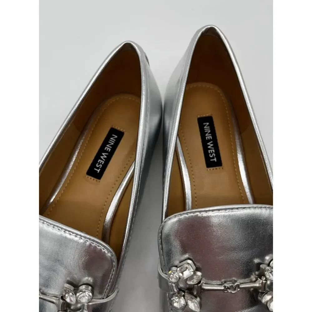 Nine West Bennit Bit Chain Loafers Metallic Silver - Size 7